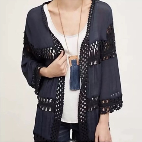 ANTHROPOLOGIE Evelyn K Woven Block Navy One Size Kimono S-M - Picture 1 of 7